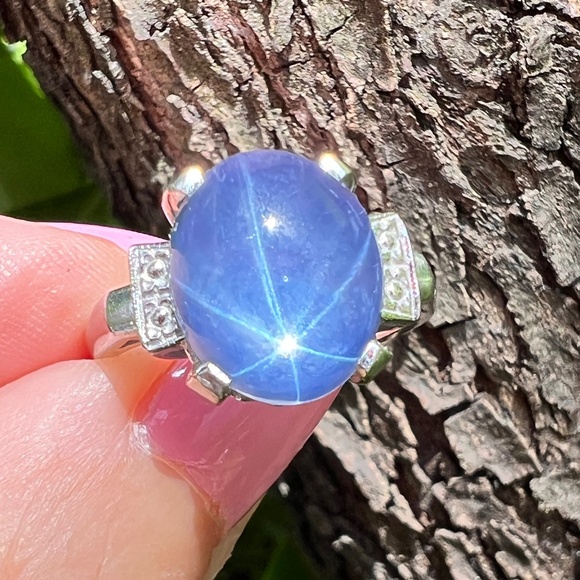 VINTAGE 10K WHITE GOLD SYNTHETIC STAR BLUE SAPPHIRE CATSEYE SPINEL CABOCHON RING - Picture 7 of 16
